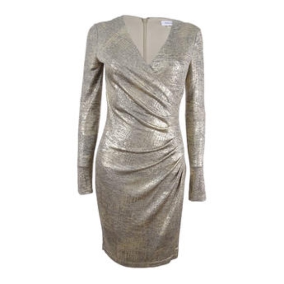 calvin klein metallic faux wrap dress Metallic Short Sleeve Faux Wrap Dress (Women)